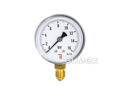 Manometer štandardný so spodným vývodom, priemer 63mm, vonkajší závit G 1/4", 0-16bar, trieda presnosti 1,6%, priezor akryl, púzdro oceľ, -40°C/+60°C